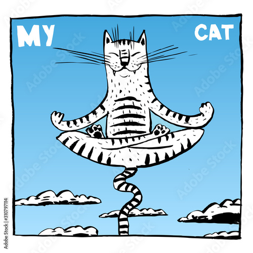 An enlightened cat in the lotus position. Color comic image for packaging and publishing