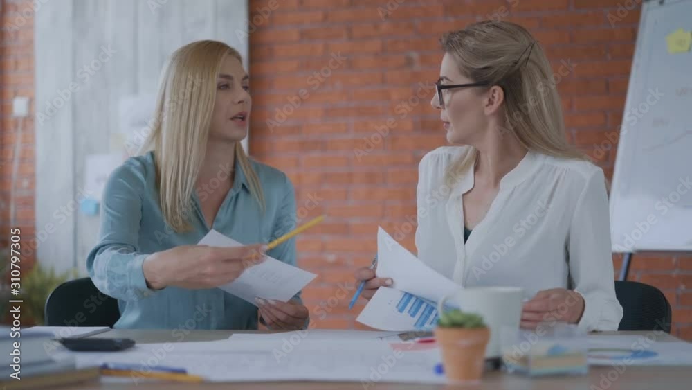 work with charts and papers. two elegant women 30-40 years old discussing a project in a modern office. medium shot 4K work with charts and papers. two elegant women 30-40 years old discussing a project in a modern office. medium shot 4K