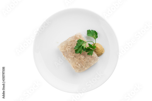 Holodets Homemade jellied meat with garlic and spices with parsley and mustard isolated on white background