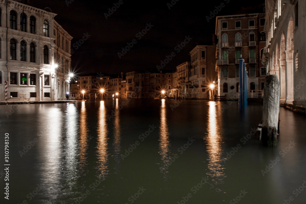 Lights Reflecting on the Grand Canal in Venice Near the Rialto