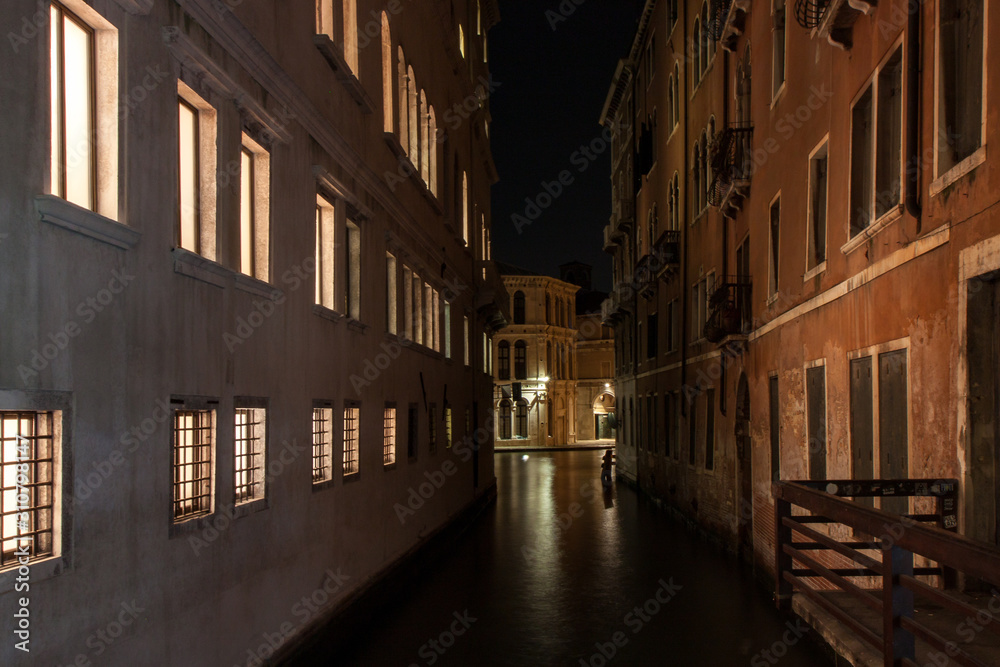 A Quiet Back Canal at Night in Venice