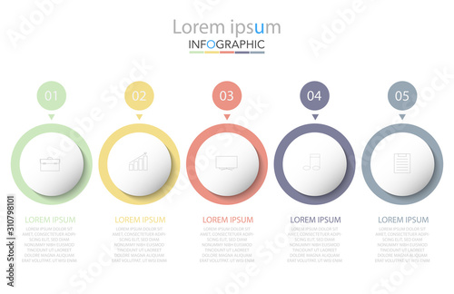 Infographic business concept design with icons and 5 options or steps. Thin line vector. Can be used for flow charts, presentations, web sites, banners, printed materials. EPS 10