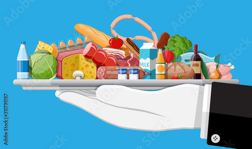 Groceries set. Grocery store collection. Supermarket. Fresh organic food and drinks. Milk, vegetables, meat, chicken cheese, sausages, wine fruits, fish cereal juice. Vector illustration flat style