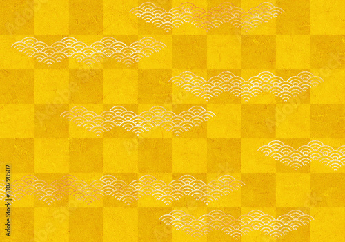 背景 青海波 市松模様 波 海 市松 伝統 和風 和柄 図案 壁紙 テクスチャー 黄色 イエロー 屏風 Ilustracion De Stock Adobe Stock
