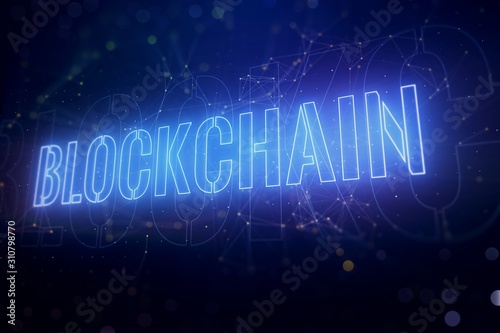 Blockchain concept on abstract blue background. 3D Rendering