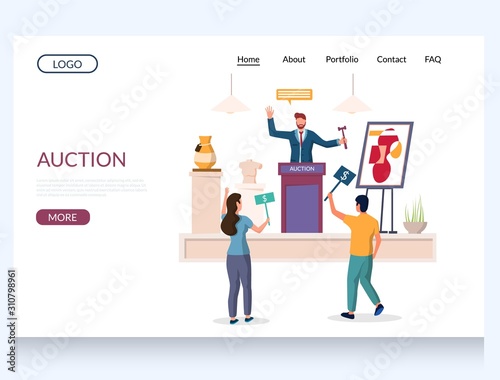 Auction vector website landing page design template