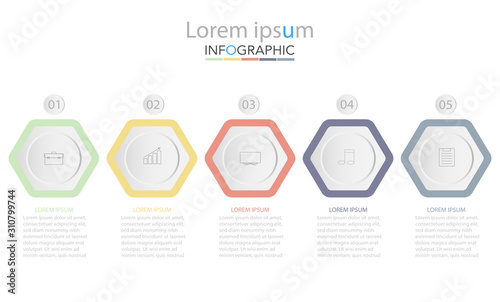 Infographic business concept design with icons and 5 options or steps. Thin line vector. Can be used for flow charts, presentations, web sites, banners, printed materials. EPS 10