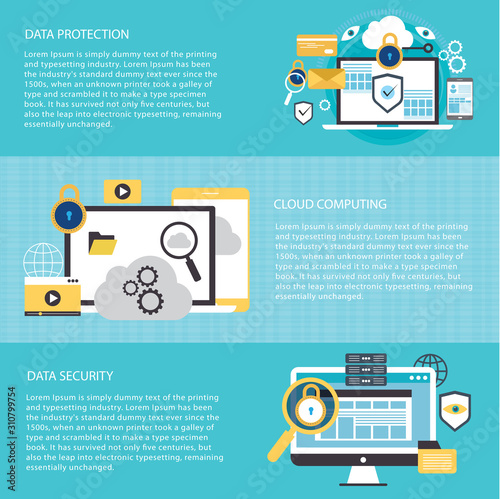 Set of flat line design web banners for data protection, internet security, antivirus software and services, business cloud computing