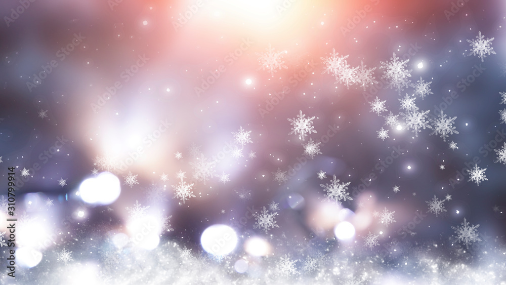 Obraz premium Blurred festive abstract background. Blurry bokeh lights, snowflakes, neon glow