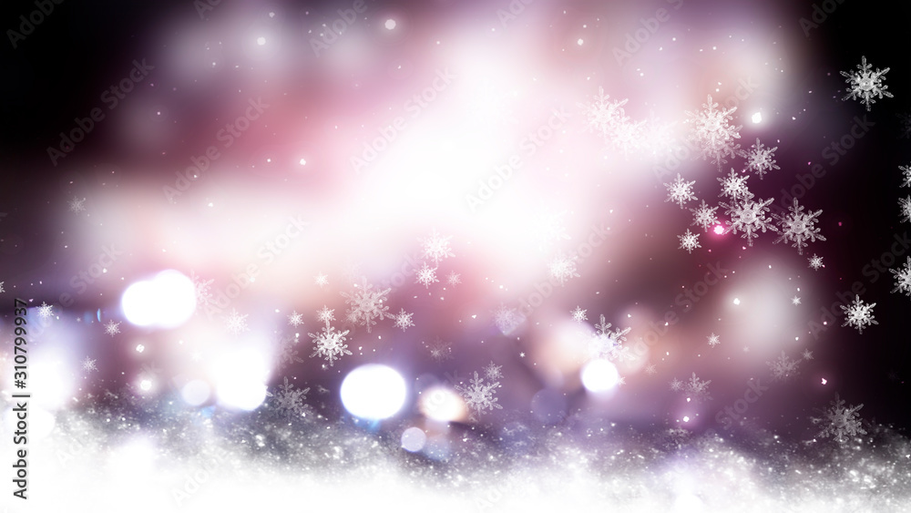 Blurred festive abstract background. Blurry bokeh lights, snowflakes, neon glow Blurred festive abstract background. Blurry bokeh lights, snowflakes, neon glow