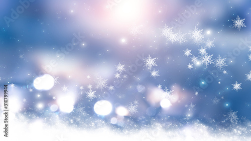Blurred festive abstract background. Blurry bokeh lights, snowflakes, neon glow © MiaStendal