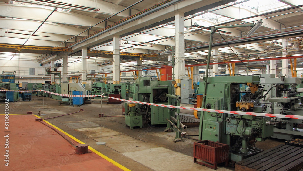Soviet Machine tool factory empty workshop with metal-removal machine tools