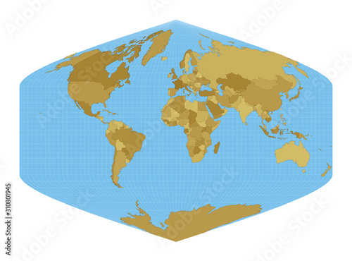 World Map. Baker Dinomic projection. Map of the world with meridians on blue background. Vector illustration.