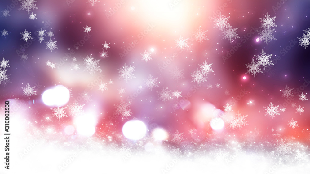 Naklejka premium Blurred festive abstract background. Blurry bokeh lights, snowflakes, neon glow. Empty dark, winter scene with snowflakes, winter dark background. Abstract snow, blizzard. Abstract light, rays, snow. 