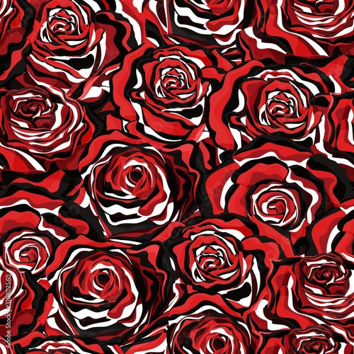 Seamless vector pattern with roses in black, white and red artistic style
