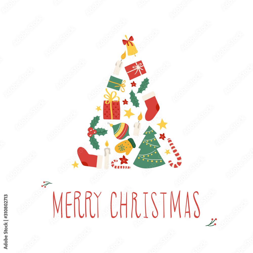 Stylish Christmas tree with different New year objects Stylish Christmas tree with different New year objects