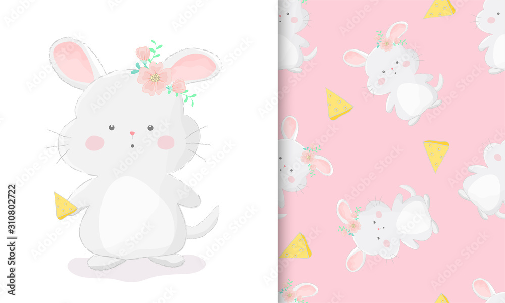 Cute hand drawn chinchilla with piece of cheese with seamless pattern set vector Cute hand drawn chinchilla with piece of cheese with seamless pattern set vector