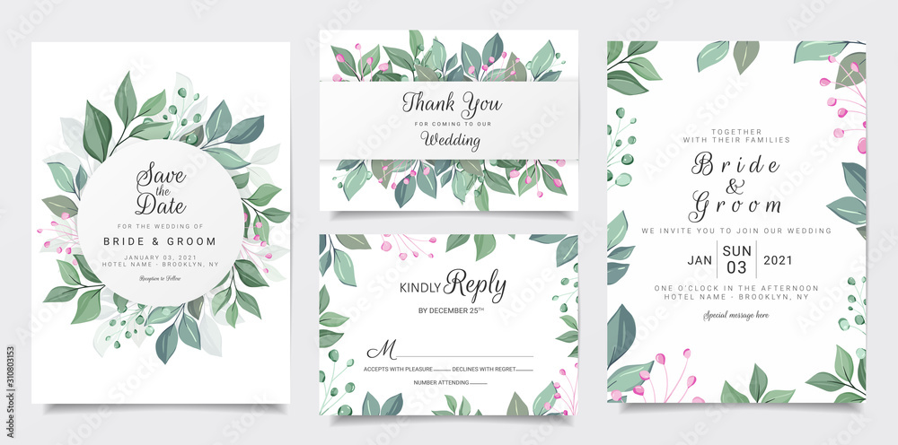 Wedding invitation card template set with flat blue and green botanic decoration. Leaves illustration for background, save the date, invitation, greeting card, poster vector