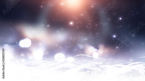 Blurred festive abstract background. Blurry bokeh lights, snowflakes, neon glow. Empty dark, winter scene with snowflakes, winter dark background. Abstract snow, blizzard. Abstract light, rays, snow.  © MiaStendal