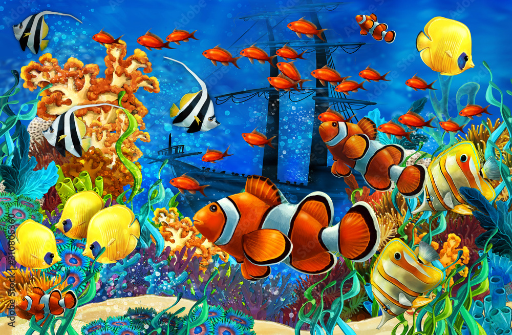 cartoon scene animals swimming on colorful and bright coral reef ...