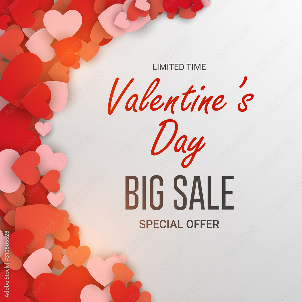Valentines day vector promotional banner. Special offer text with red hearts elements for valentines day discount promotion. Vector illustration.