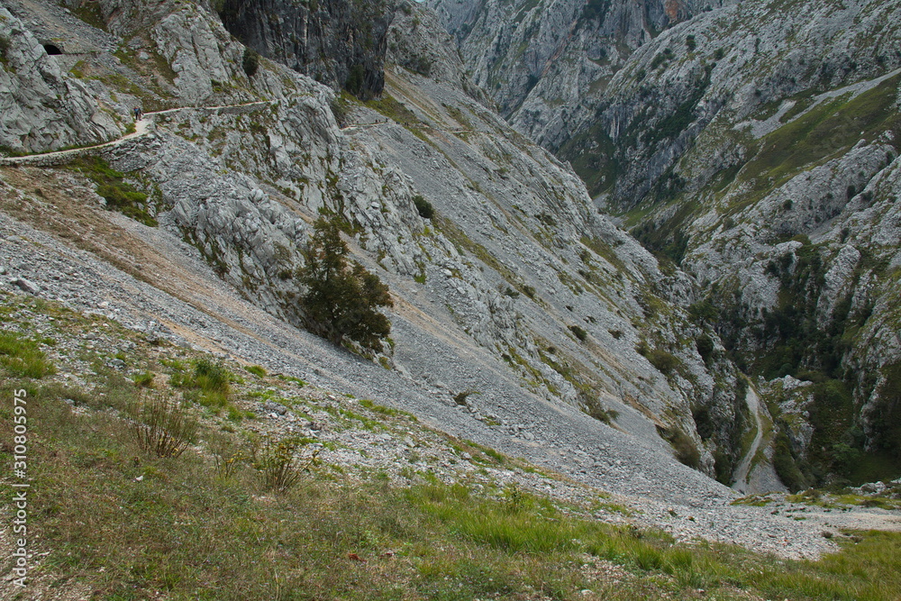 Valley of Rio Cares at hiking track Ruta del Cares from Poncebos to Cain in Picos de Europa in Asturia,Spain,Europe Valley of Rio Cares at hiking track Ruta del Cares from Poncebos to Cain in Picos de Europa in Asturia,Spain,Europe