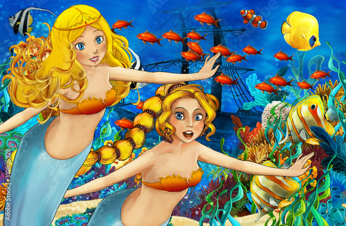 Cartoon ocean and the mermaid in underwater kingdom swimming with fishes - illustration for children