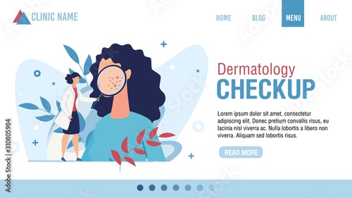Landing Page Advertising Dermatology Checkup. Woman Dermatologist with Magnifying Glass Examining Patient. Face Skin Rash Problem. Health Skincare. Online Consultation. Cartoon Vector Illustration photo
