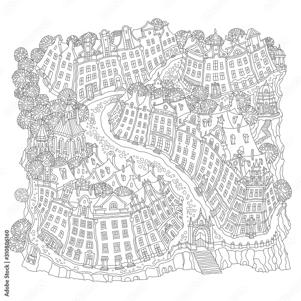 Vector humorous black and white outline contoured fantasy landscape, trees, fairy tale small town medieval buildings on a white background. Tee shirt print. Adults Coloring Book page 