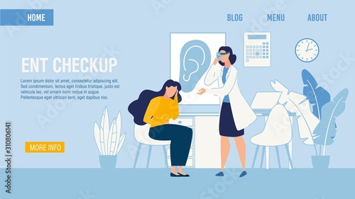 Flat Landing Page Medical ENT Checkup Service. Professional Otolaryngologist Making Patient Examination with Special Equipment. Woman Suffering from Ear Ache. Vector Cartoon Illustration