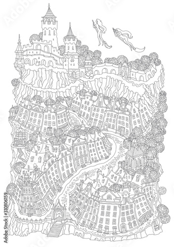Vector outline contoured fantasy landscape, witches flying on the Sabbath, fairy tale small town medieval castle. Black and white T shirt print, Brochure illustration, Adults Coloring Book page 