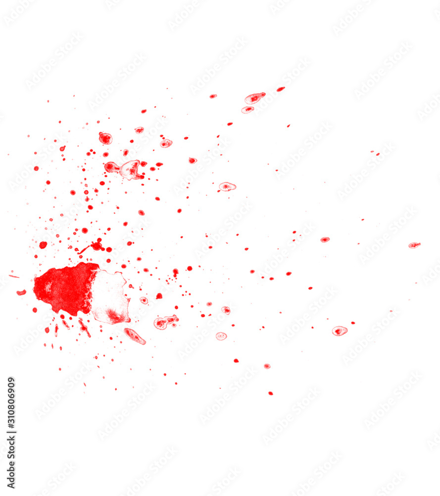 Red blood spray brush. Red drops isolated on white background