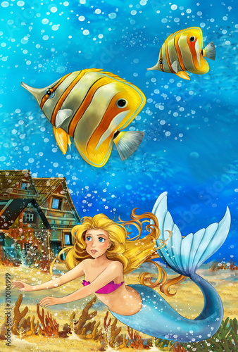 Fototapeta Naklejka Na Ścianę i Meble -  Cartoon ocean and the mermaid in underwater kingdom swimming with fishes - illustration for children