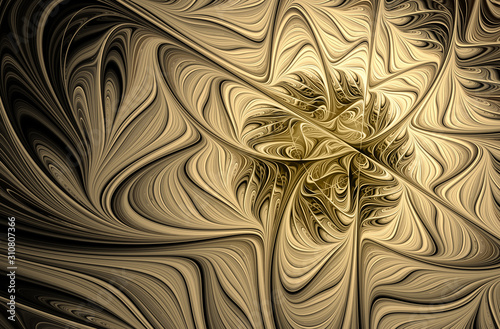 Abstract fractal gold pattern on a black background.
