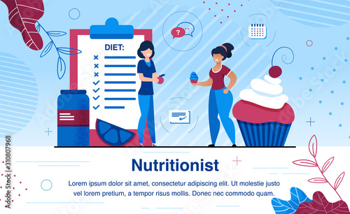 Healthy Nutrition and Diet Planning Service Trendy Flat Vector Banner, Poster. Female Nutritionist Helping Obese Woman to Plan Weight Loss Diet, Counseling About Healthy Nutrition Rules Illustration