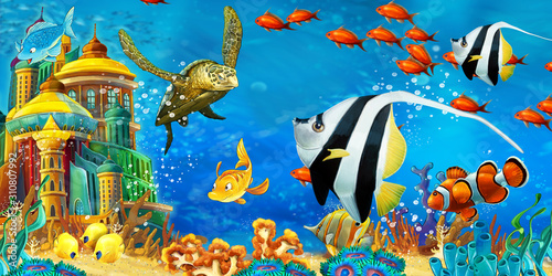 Fototapeta Naklejka Na Ścianę i Meble -  cartoon scene animals swimming on colorful and bright coral reef - illustration for children
