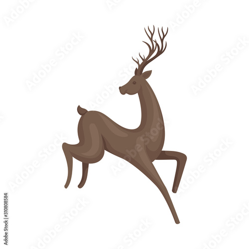 Forest Graceful Deer with Antlers in Jumping Pose Vector Illustration. Wildlife of Forest Mammals Concept