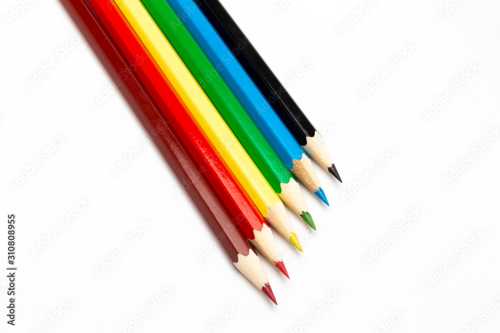 Colorful wooden pencils on a white background