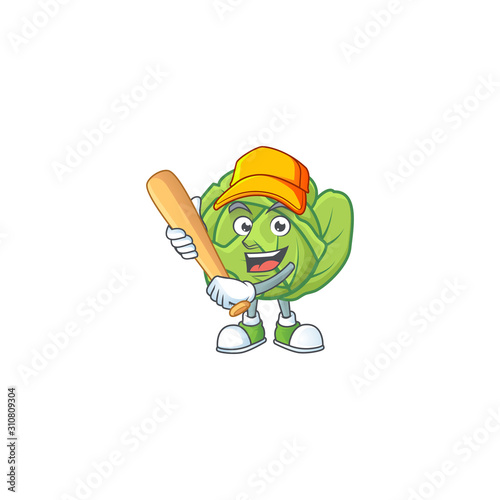 Funny smiling cabbage cartoon mascot with baseball