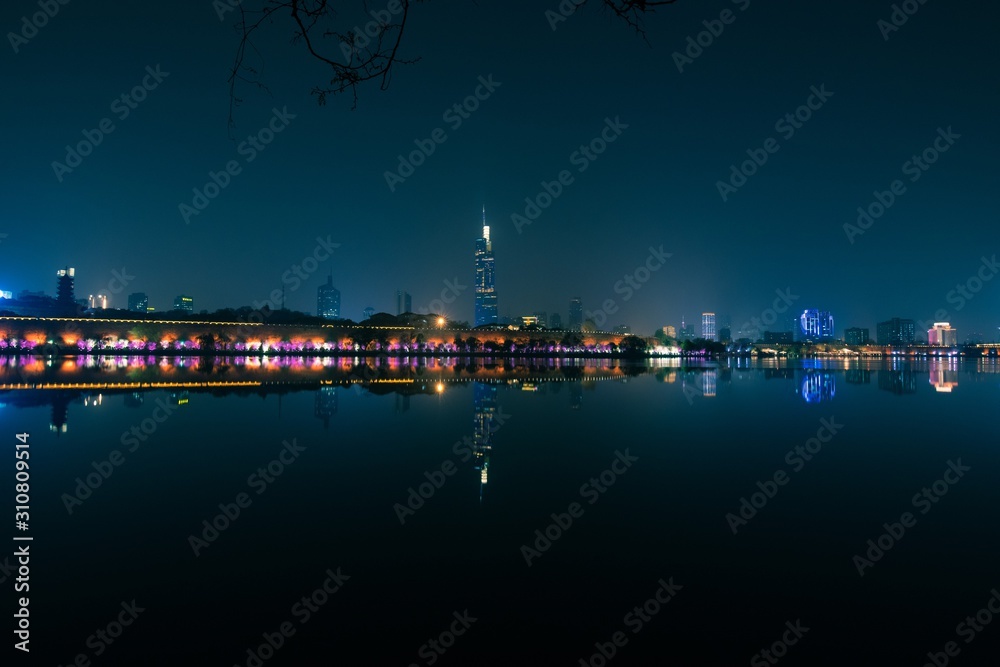 Skyline of Nanjing City by Xuanwu Lake in the Night