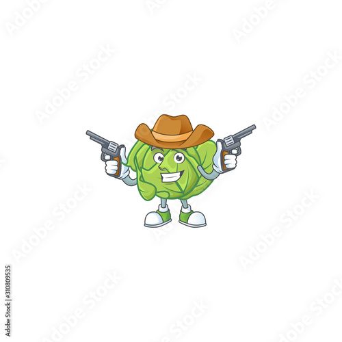 Smiling cabbage mascot icon as a Cowboy holding guns