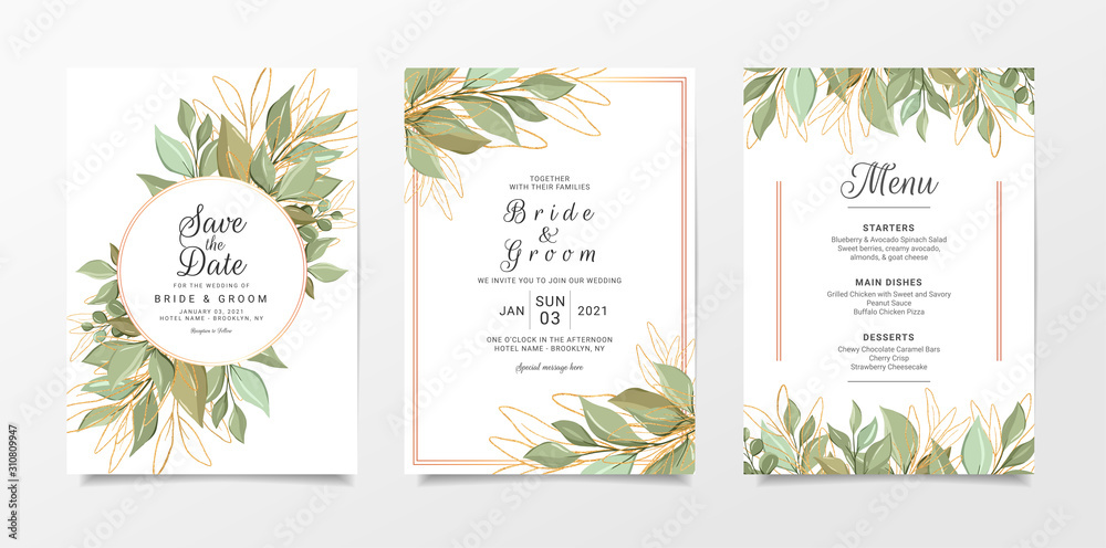 Wedding invitation card template set with elegant branch and glitter decoration. Leaves illustration for background, save the date, invitation, greeting card, poster vector