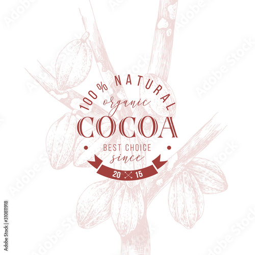Type emblem over hand drawn cocoa tree