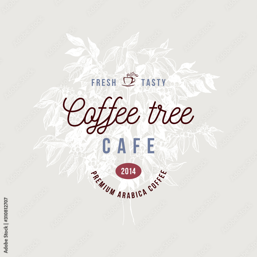 Coffee tree cafe label over hand drawn coffee tree Stock Vector Adobe