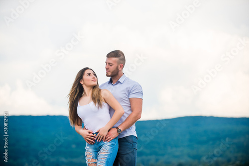 Together forever we two. Love story. Romantic relations. Cute and sweet relationship. Couple in love. Couple goals concept. Man and woman cuddle nature background. Family love. Devotion and trust © be free