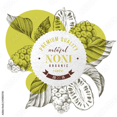 Round emblem with hand drawn noni