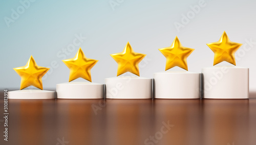Five stars rating on the table. 3D illustration