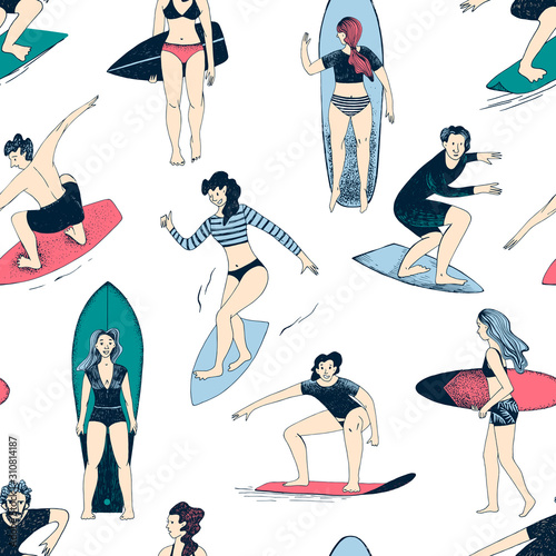 Seamless pattern with hand drawn people surfing