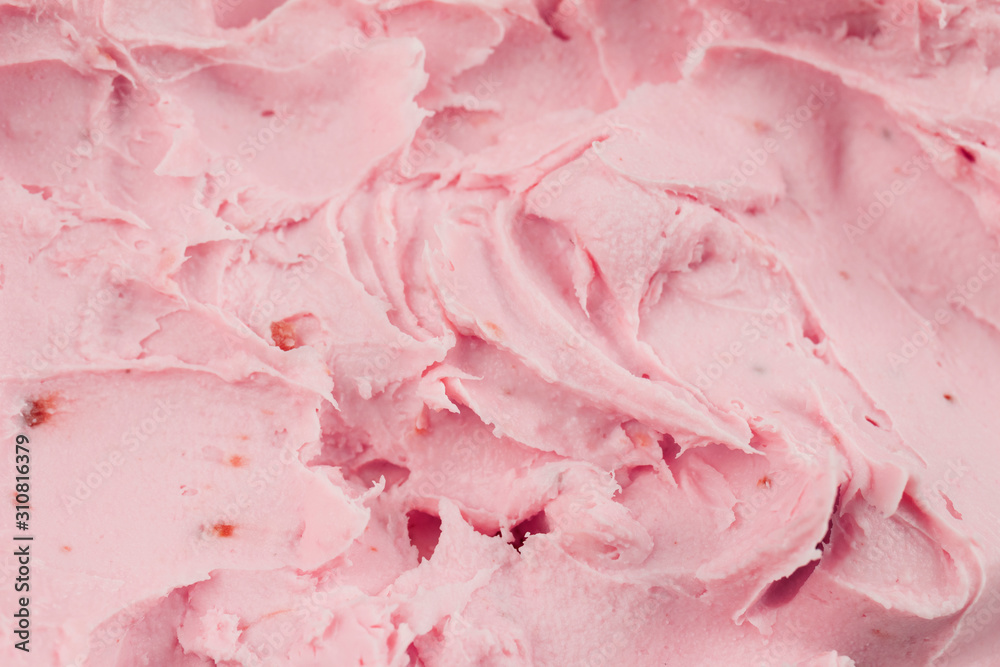 Texture of the strawberry curd mass close-up. Pink background. Texture of the strawberry curd mass close-up. Pink background.