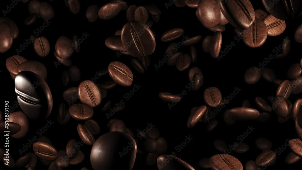 Coffee beans slowly fall down. Beautiful coffee seeds